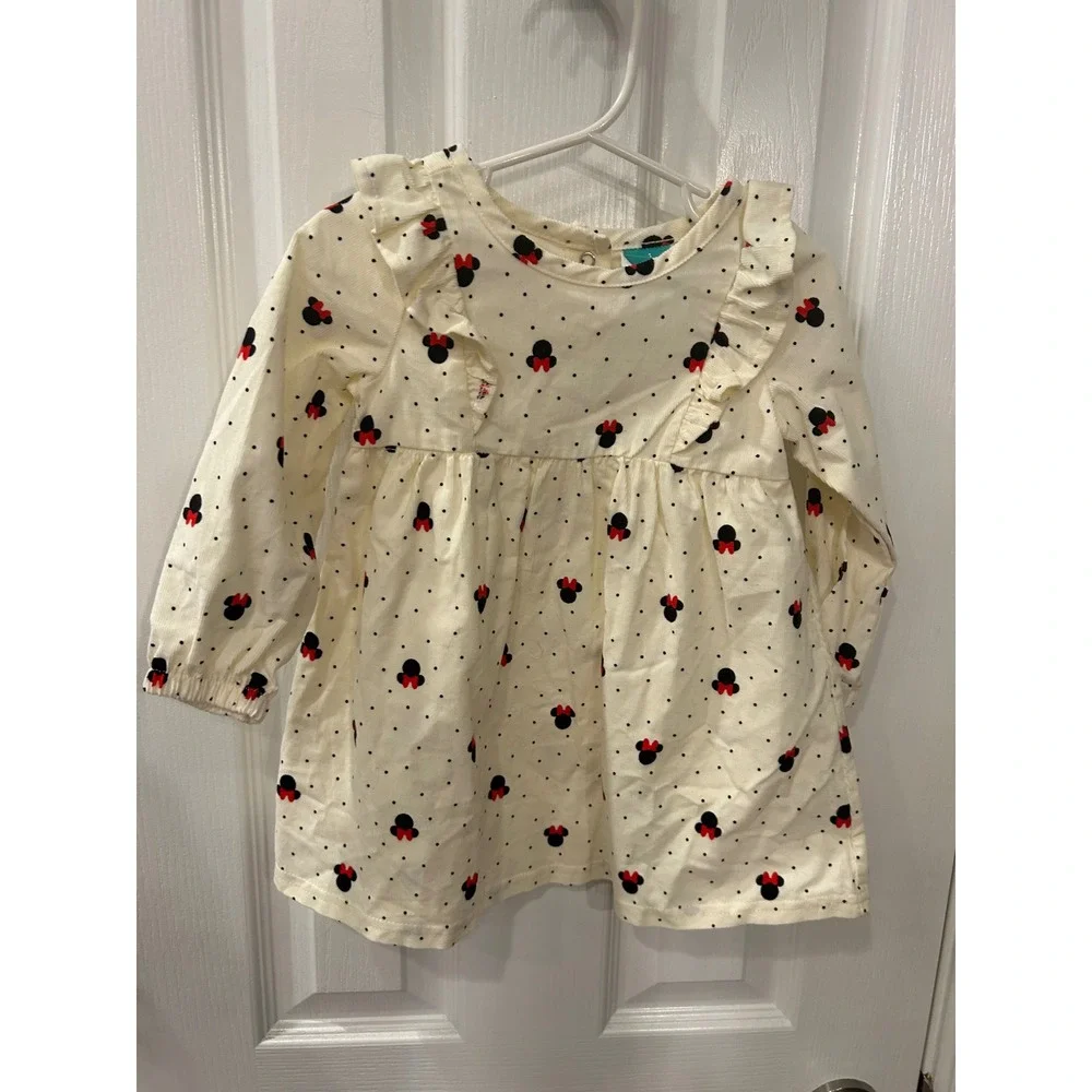 Disney Baby Corduroy Dress Cream Minnie Mouse Polka Dot Ruffle Toddler bin C‎